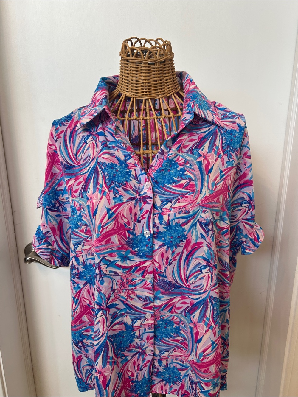 Vibrant Pink & Blue Floral Button-Down Shirt